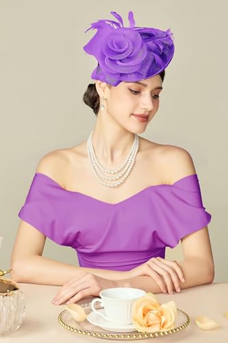 BABEYOND Fascinators Hats for Women Tea Party Mesh Flower Pillbox Derby Hat - color: Purple
