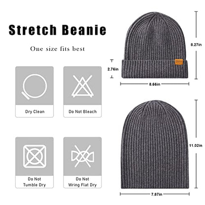 100% Merino Wool Cuff Beanie Hat, Unisex Warm Winter Caps Soft, Breathable & Cozy Stretchy Knitted Cuffed Cap - color: Grey