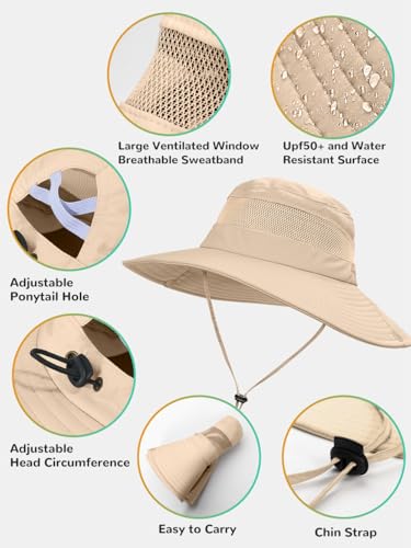 EW East Water Sun Beach Hat for Women, UPF50+ Waterproof with Ponytail Hole - color: Khaki