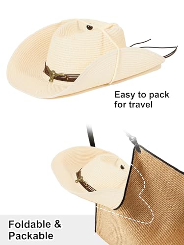 Straw Cowboy Sun Hat Western Cowgirl Women Men with Windproof Chin Strap - color: Beige