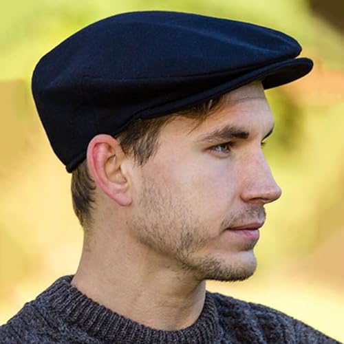 Hanna Hats Traditional Irish Tweed Wool Vintage Cap. Unisex Cabbie Hat. Stud Fastener & Taffeta Lining. 100% Made in Ireland. - color: Black Wool, size: X-Large