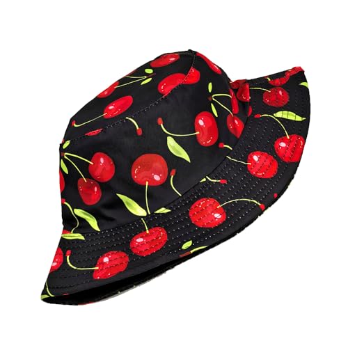 Printed Bucket Hat - Reversible Packable Summer Travel Beach Sun Cap for Men Women Teens - color: Black Red Cherry