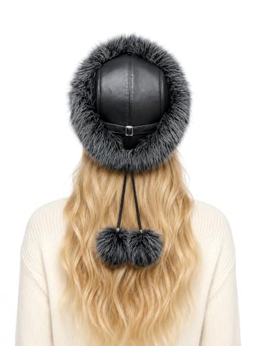 DLNYC Women’s Faux Leather Winter Hat with Faux Fur Trim, Soft Lined Cap with Hanging Cords & Pom-Poms, Warm Stylish Hat - color: Black & Silver
