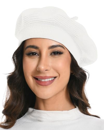 Cotton Knitted Women Beret Hat, French Style Solid Color Beret, Winter Autumn Warm and Soft Beanie Hat - color: White