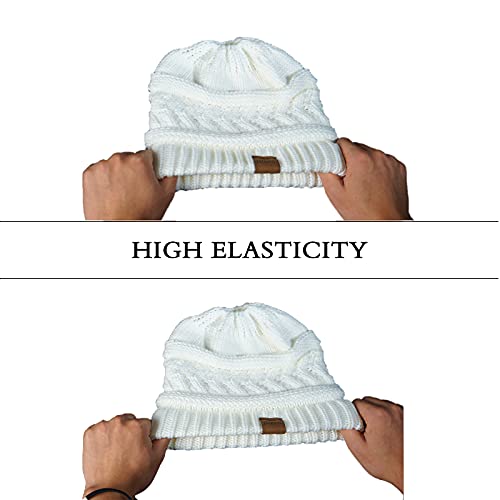 Rosoz 2 Pack Ponytail Beanie for Women,Winter Warm Beanie Tail Soft Stretch Cable Knit Messy High Bun Hat - color: 2pack-black/White