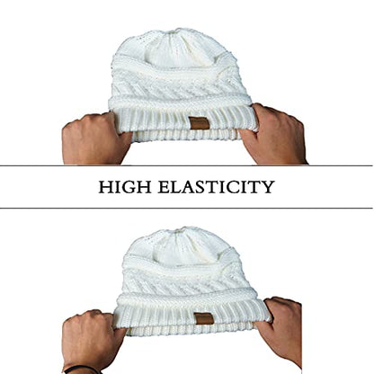 Rosoz 2 Pack Ponytail Beanie for Women,Winter Warm Beanie Tail Soft Stretch Cable Knit Messy High Bun Hat - color: 2pack-black/White