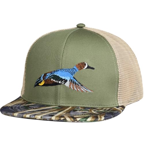 EDTREK Outdoorsman Pro Trucker Breathable Mesh Performance Cap - Flat Brim Snapback Hat - color: Blue Winged Teal - Olive Marsh Camo