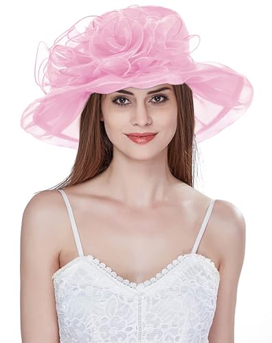 Women Derby Fascinator Hat Organza Church Wedding Hats Wide Brim Cocktail Tea Party Hat - color: 32 Pink