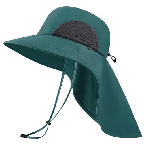 UPF 50+ Foldable Sun Hats Wide Brim with Large Neck Flap for Men Women UV Protection Gardening Fishing Beach Hat - color: Midnight Green