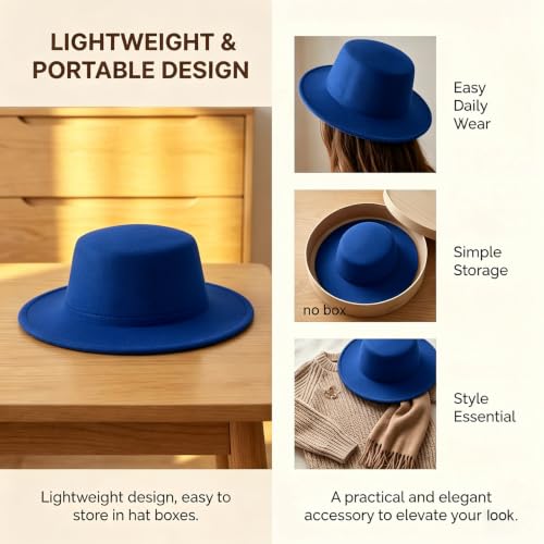 Black Flat Top Fedora Hat, Wool Blend Derby Cap Classic Formal Hat for Events & Daily Wear - color: Blue