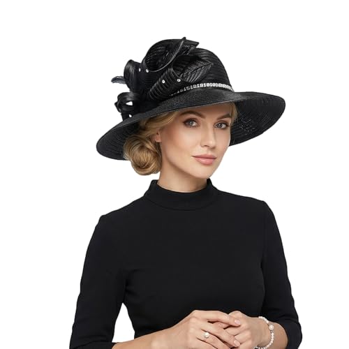 Women Derby Church Dress Wide Brim Hat, 1920s Vintage Feather Rhinestone Tea Party Wedding Cloche Bowler Hat - color: Black