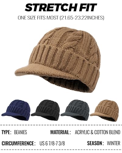 CLAPE Men Knit Beanie Visor Cap Warm Winter Hat Cadet Newsboy Cap Daily Beanies with Bill Cuffed Watch Cap Plain Knitted Hats - color: Nb03-khaki