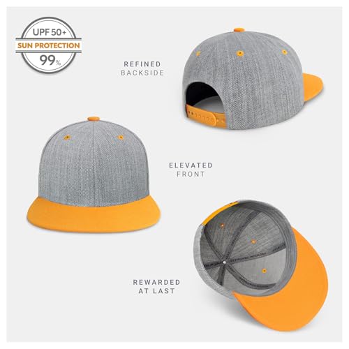 CHOK.LIDS Classic Snapback Flat Bill Hat Blank Adjustable Baseball Cap - color: Heather Grey/Gold