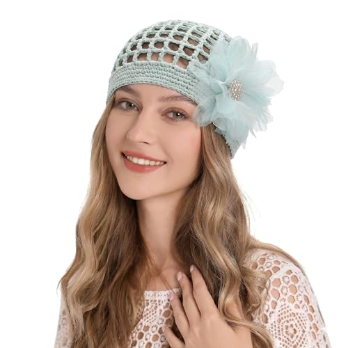 ZLYC Women Crochet Beanie Hat Summer Handmade Knit Decorated Skull Cap - color: Floral Light Blue