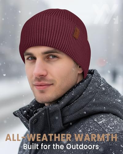 Fleece Lined Winter Beanie for Men Women Warm Windproof Beanies Hats Thick Knit Winter Hat for Cold Weather - color: Wine Red