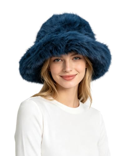 Lina & Lily Oversized Winter Faux Fur Bucket Hat for Women - Long Pile Fur Wide Moldable Brim - color: Teal Blue