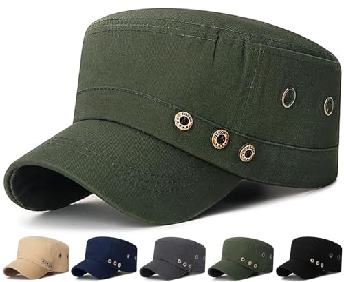 Initlove Cadet Army Cap Military Unisex Flat Top Hat for Men Women - color: 3 Button Green