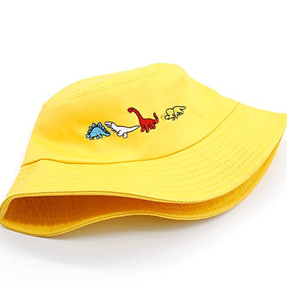 XYIYI Fashion Embroidery Bucket Hat Cotton Beach Fisherman Hats for Women Girls - color: Little Dinosaur Yellow