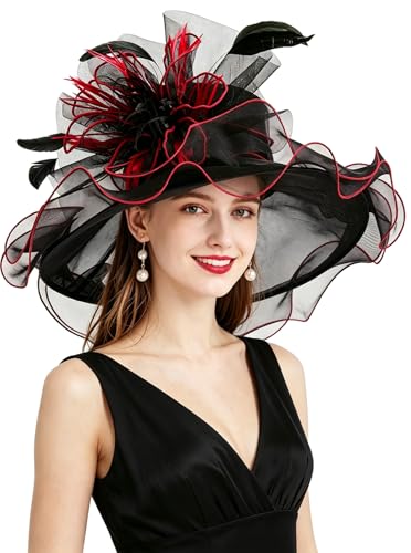 Organza Church Derby Hats for Women Wedding Tea Party Fascinator Floral Wide Brim Sun Hat - color: Style02 Black Red