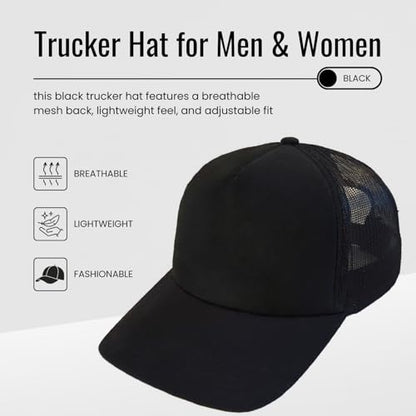 Trucker Hat for Men & Women, Mesh Back Baseball Cap, Adjustable Snapback, Breathable Lightweight Black Cap - color: Black (Pack of 1)