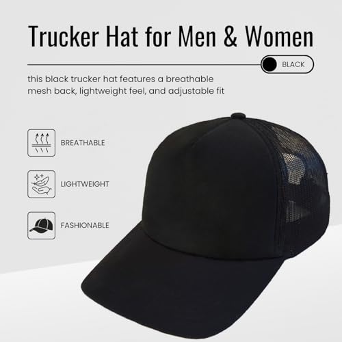 Trucker Hat for Men & Women, Mesh Back Baseball Cap, Adjustable Snapback, Breathable Lightweight Black Cap - color: Black (Pack of 5)