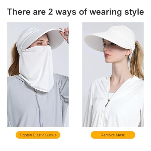 Women Wide Brim Face Mask Sun Hat Detachable Neck Face Flap Ponytail UV Protection Visor Hat Garden Fishing Hiking - color: Bg8094-baise