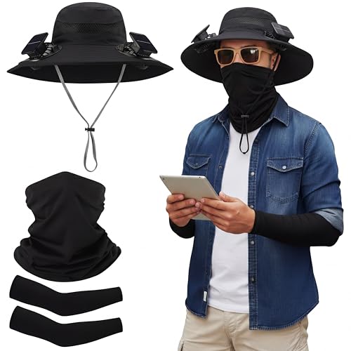 Syhood Solar Powered Fan Hat Neck Gaiter Arm Sleeves Sun Bucket Hat with Fan Cooling Wide Brim Hats for Fishing Hiking - color: Black, style: Breathable