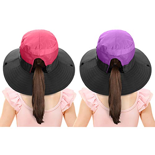 2 Pieces 5-14Y Kids Summer Sun Hat Wide Brim UV Protection for Girls Ponytail Beach Bucket Cap - color: Purple＆watermelon Red