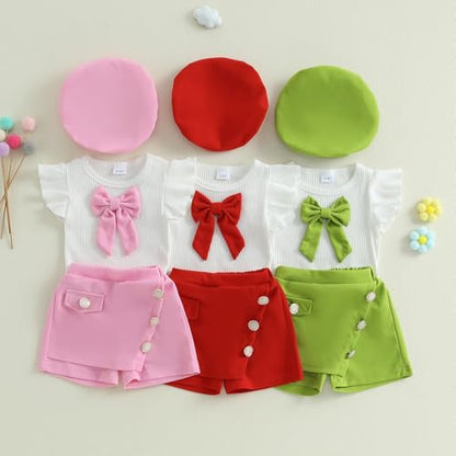 Baby Girls Fly Sleeve 3D Bow Rib Knit Shirt + Irregular Skorts + Beret Hat - color: Pink, size: 9-12 Months
