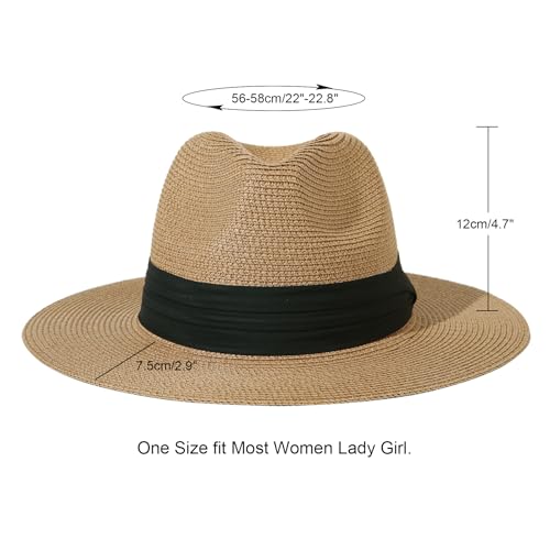 Lanzom Women Wide Brim Straw Panama Roll up Hat Fedora Beach Sun Hat UPF50+ - color: Brown/Black, size: One Size-Medium