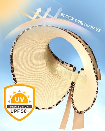 Camptrace Women's Straw Sun Visor Hat UPF Wide Shade Ponytail Summer Hat - color: Beige Leopard Print