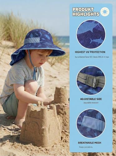 icolor Kids Sun Hat UPF50+ Sun Protection Bucket Hat Toddler Summer Beach Play Hats with Neck Flap for Girl Boy Ages 3~10 - color: Shark