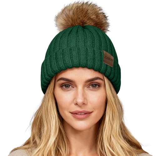 ZOORON Womens Winter Knitted Beanie Hat with Faux Fur Pom Beanie Warm Knit Skull Cap Beanie for Women - color: 1dark Green