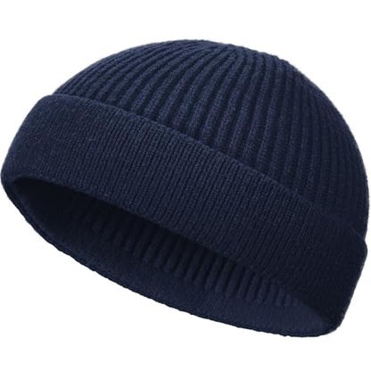 Wool Fisherman Beanie for Men Wome, Thin Knit Winter Hats Skull Cap - color: Navy Blue