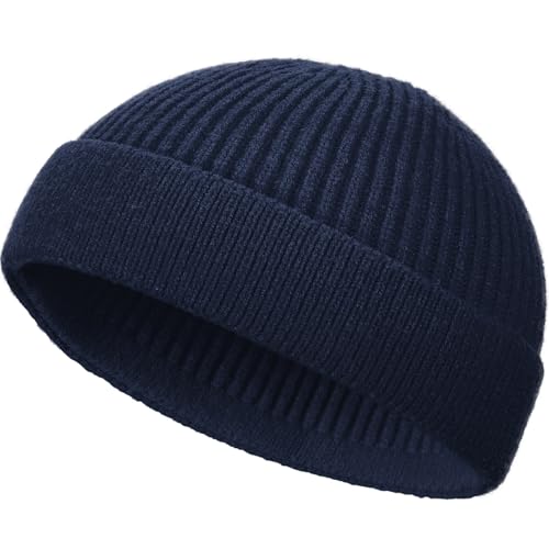 Wool Fisherman Beanie for Men Wome, Thin Knit Winter Hats Skull Cap - color: Navy Blue