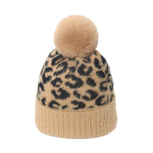 Unisex Adult Fuzzy Leopard Print Hat Cuffed Knitted Winter Warm Beanie with Faux Fur Pompom - color: Camel