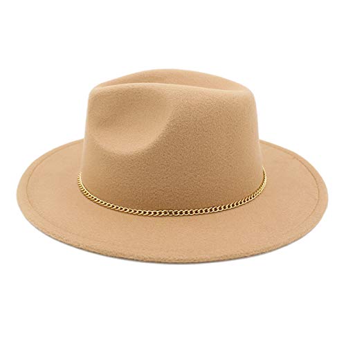 Premium 3" Wide Brim Solid Color Felt Gold Chain Fedora Panama Hat - color: Tan