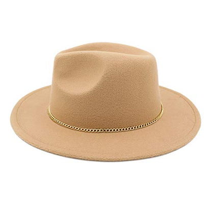 Premium 3" Wide Brim Solid Color Felt Gold Chain Fedora Panama Hat - color: Tan