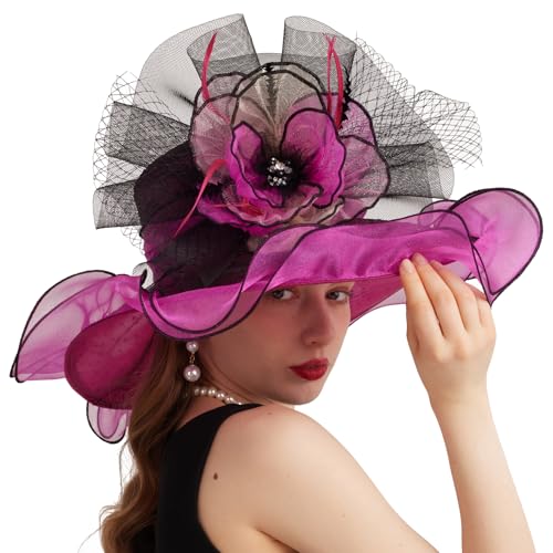 Women Elegant Organza Derby Hat Wide Brim Sun Hats for Wedding Tea Party Fascinator Hat - color: Rose Red