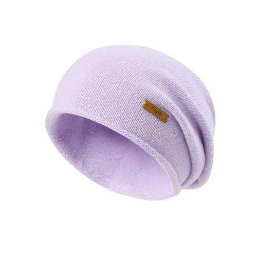 100% Merino Wool Slouchy Beanie Hat, Women Warm Winter Caps Soft, Ladies Breathable & Cozy Stretchy Knitted Skull Cap - color: Lavender Purple