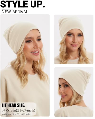 Thin 100% Cotton Fine-Knit Beanie Hat Slouchy Soft Chemo Skull Cap - color: 1-beige