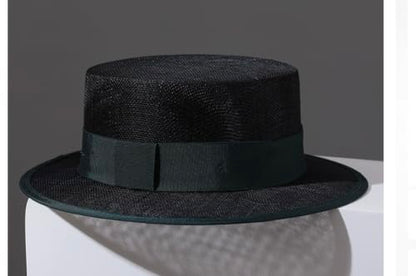 2026 Luxury Handmade Boater Hat, Lightweight Breathable Flax Yarn Summer Hat for Cruise Vacation Photo Essential. - color: Black