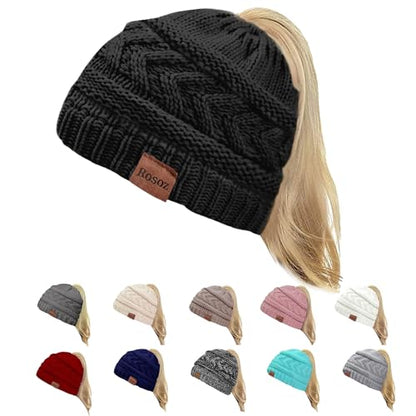 Rosoz 2 Pack Ponytail Beanie for Women,Winter Warm Beanie Tail Soft Stretch Cable Knit Messy High Bun Hat - color: 1pack-black