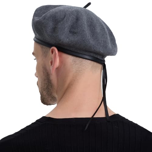 Cotton French Beret Hat for Men Women, Military Style Beret Cap with Leather Label & Drawstring, Casual Beanie - color: Grey