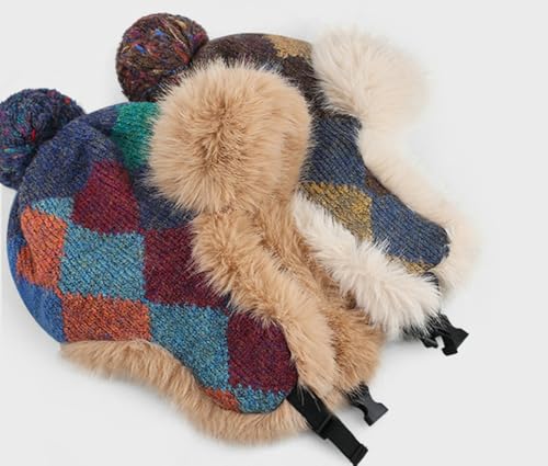 Fleece Trapper Hat Ear Flaps Women Plaid Thicken Winter Hats Beanies Hats - color: Purple