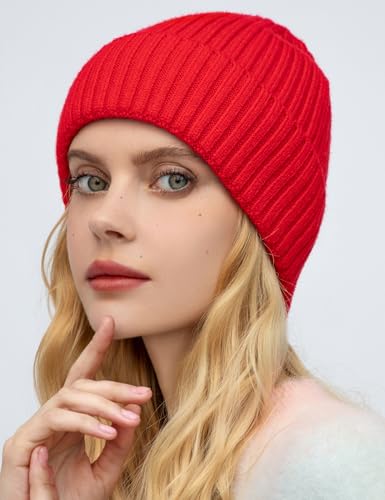 Satin Lined Wool Acrylic Blend Beanie Hat Women Men, Winter Knit Cap - color: Red