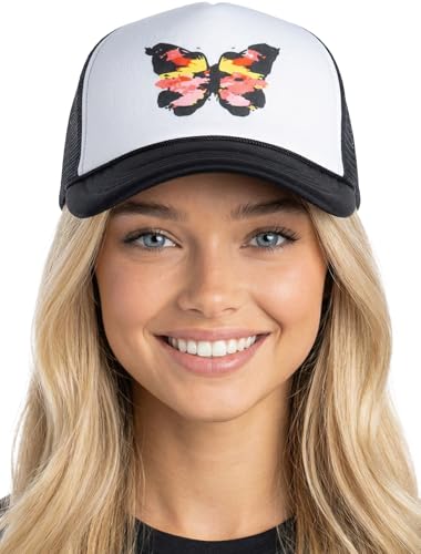 Funky Junque Premium Mesh Snapback Trucker Hat - Stylish Comfort for All - Patriotic, Humor & More - color: Butterfly - Black/White