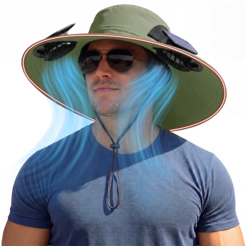 Zaximap Solar Fan Hat with Steel Brim for Men Women UPF 50+ Garden Outdoor Fishing Beach Essential - color: Navy Green