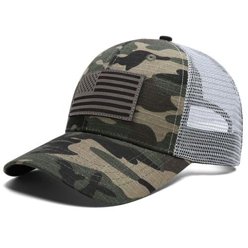 American Flag Trucker Hat - Snapback Hats for Men Women Baseball Cap - Breathable Mesh & Adjustable Fit for Casual Wear - color: Green Camo