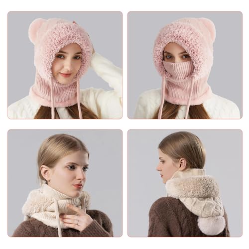HUAMULAN Women Cable Knit Balaclavas Winter Fleece Lined Beanie Hat - color: Pink With String